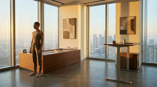 Executive in modern office using biohacking tools for cognitive enhancement