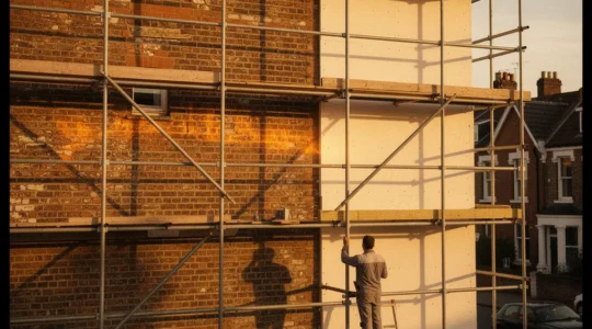 Historic solid-wall house with modern external thermal insulation system being applied