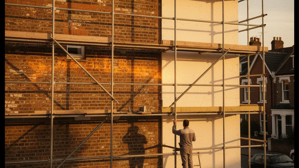 Historic solid-wall house with modern external thermal insulation system being applied