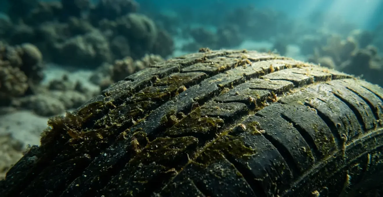 Macro shot of scattered tires on ocean floor damaging natural coral formations