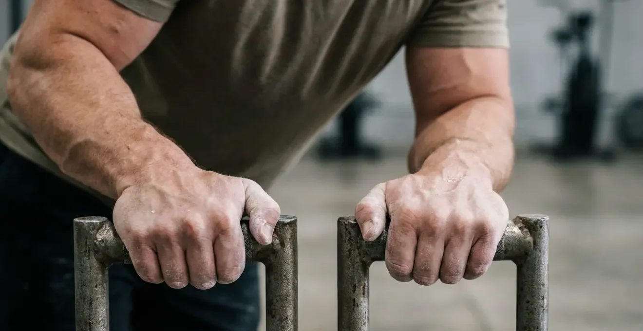 Athlete performing heavy farmer's walk with visible trap and forearm engagement