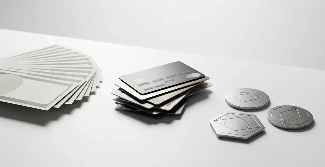 Wide angle view of minimalist desk with cash bills, abstract crypto symbols, and payment cards arranged in layers