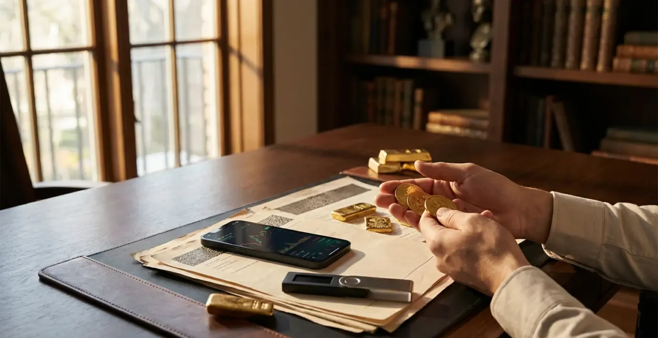 Person examining gold coins and digital currencies at modern workspace with scattered financial documents