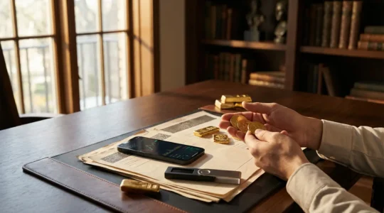 Person examining gold coins and digital currencies at modern workspace with scattered financial documents