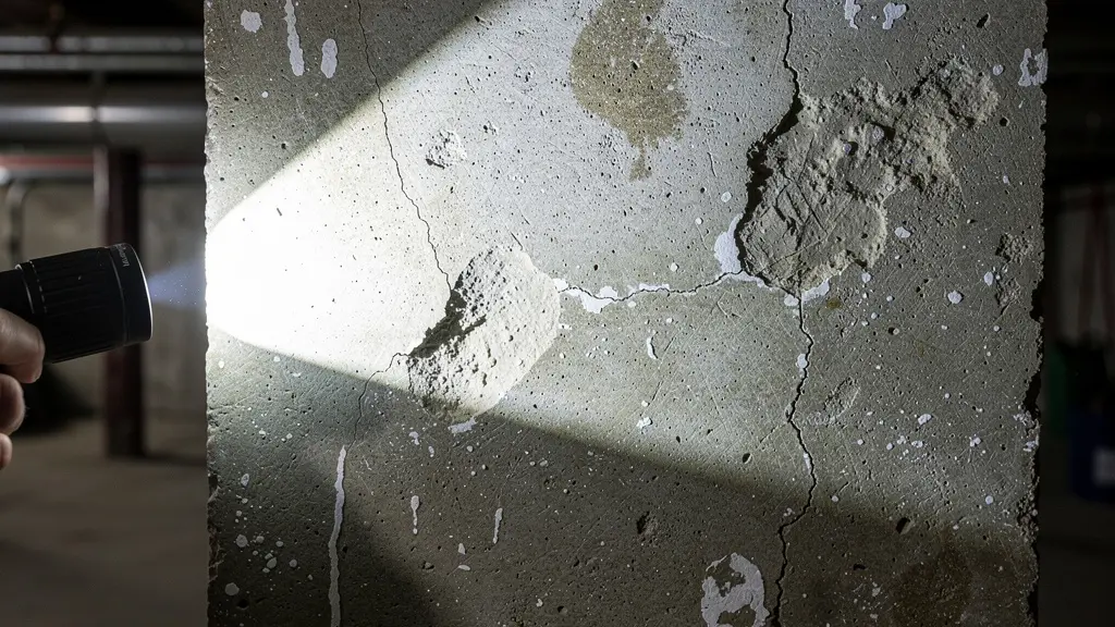 Inspector using flashlight parallel to basement wall revealing paint bubbling and texture changes