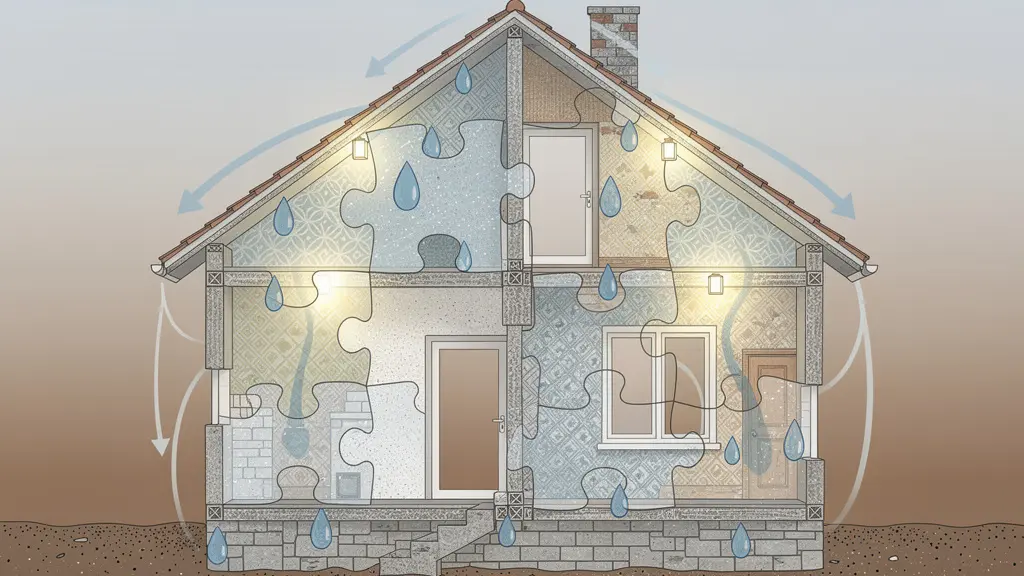 Cross-section view of house showing interconnected foundation, roof, and wall systems with water flow patterns