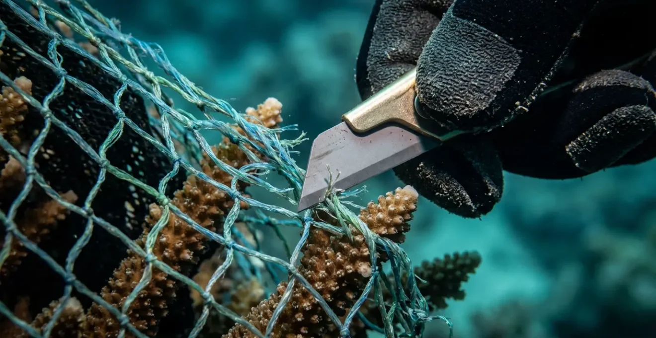 Underwater diver carefully removing fishing net from coral reef using specialized tools