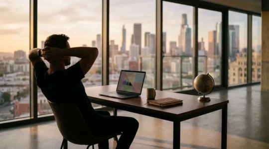 Investor analyzing global financial data on multiple screens showing portfolio diversification