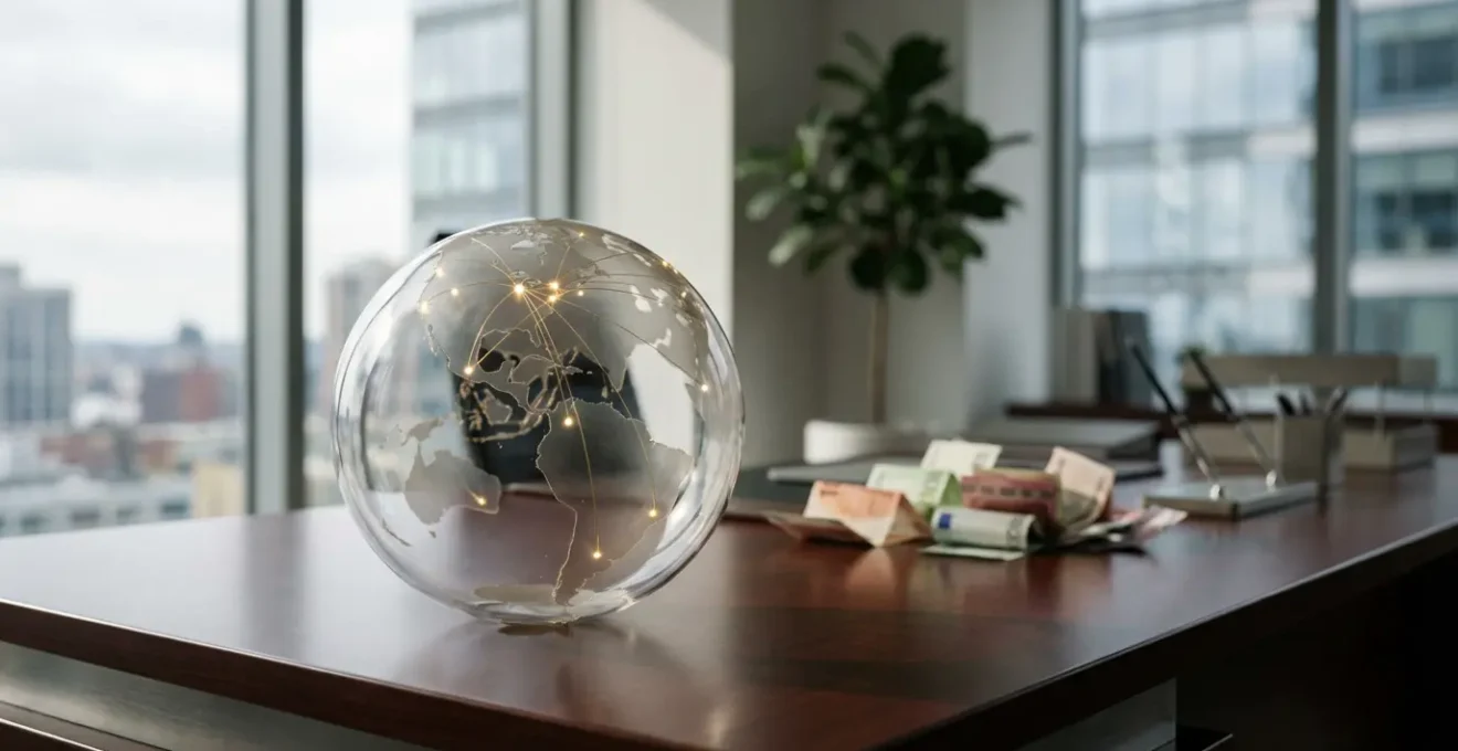 A global investment portfolio represented through interconnected world markets visualization