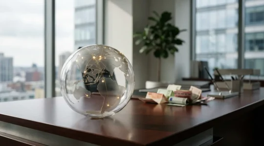 A global investment portfolio represented through interconnected world markets visualization