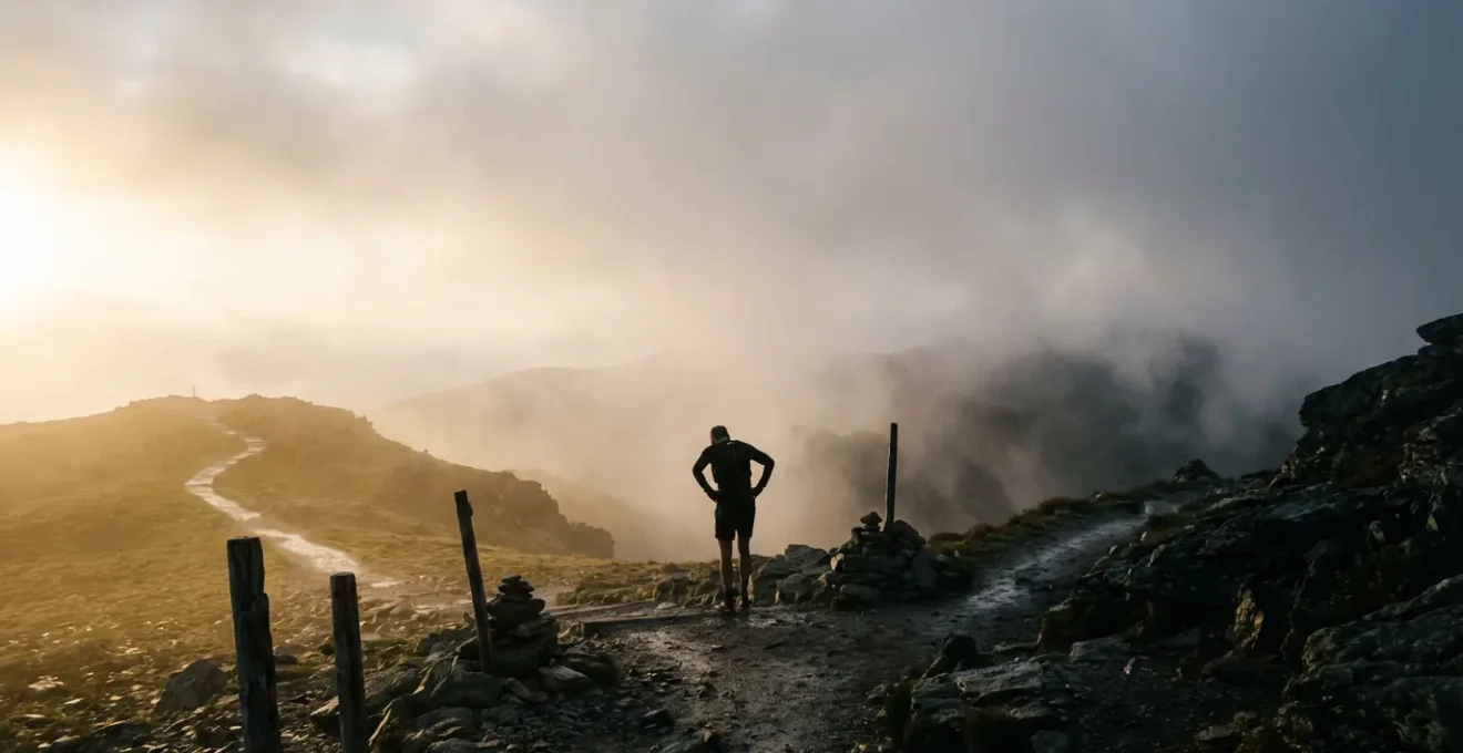 Athlete at crossroads between performance enhancement and fatigue representing glycogen depletion training dilemma