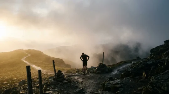 Athlete at crossroads between performance enhancement and fatigue representing glycogen depletion training dilemma