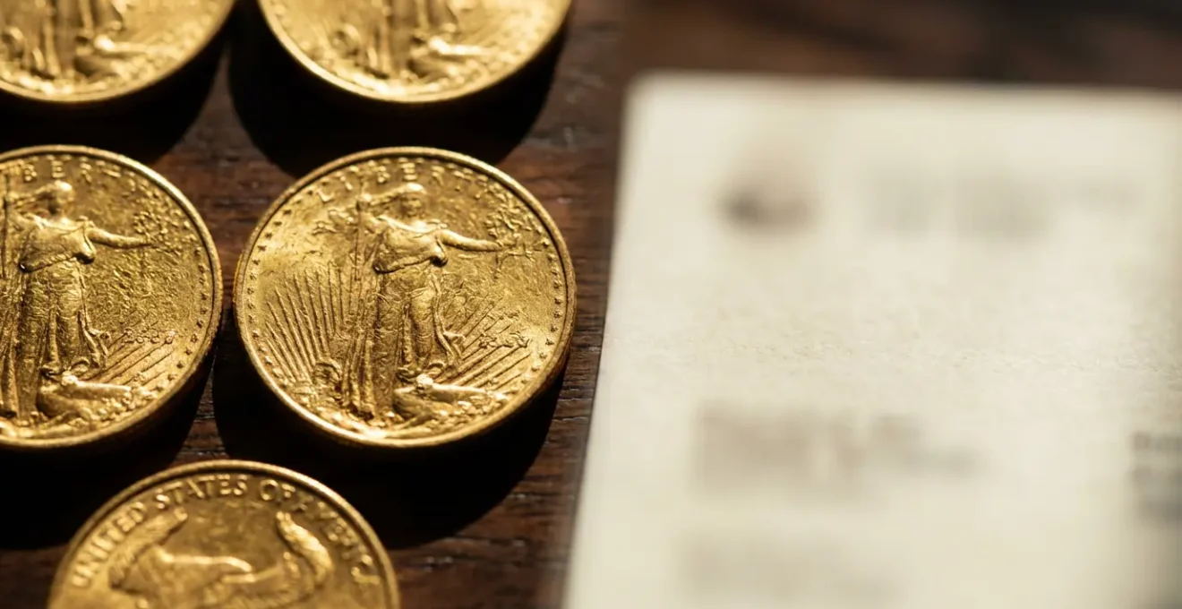 Close-up comparison of American Eagle gold coins and vault storage certificate on wooden surface