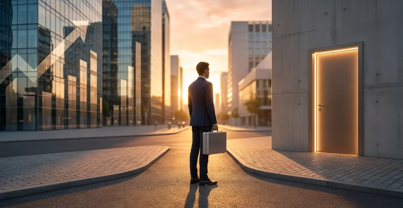 Investor standing at crossroads with upward trending charts in one direction and exit door in another, symbolizing the decision to sell at market peak