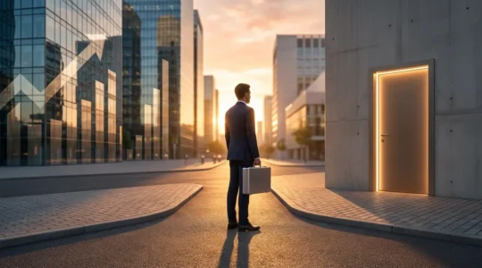 Investor standing at crossroads with upward trending charts in one direction and exit door in another, symbolizing the decision to sell at market peak