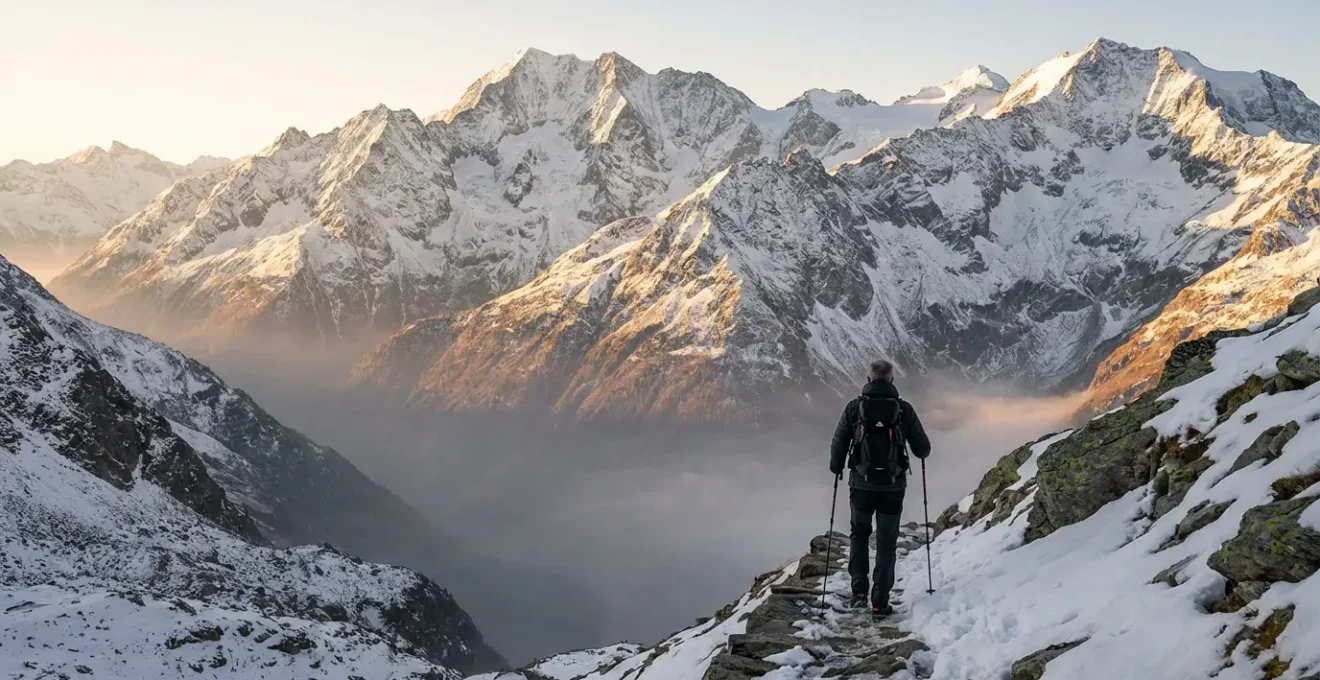 Mature trekker conquering alpine pass at sunrise with dramatic mountain peaks