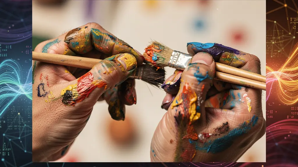 Artist's hands working on a traditional medium while AI-generated patterns project in the background