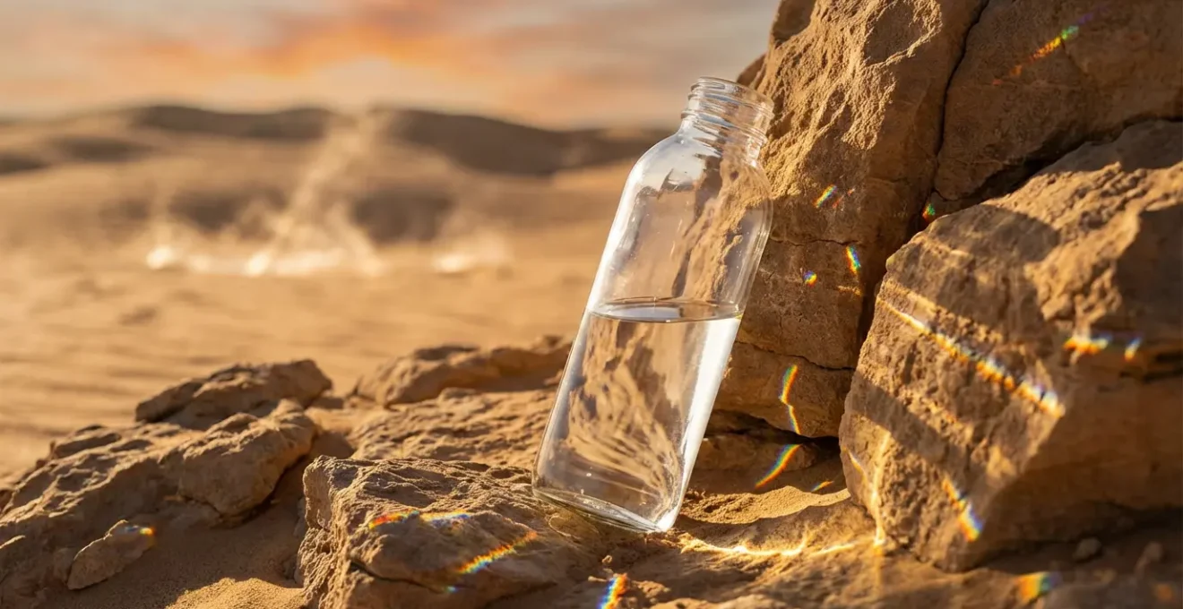 A water bottle in the desert casting a fragmented prism of light, symbolizing the scattered thinking caused by dehydration.