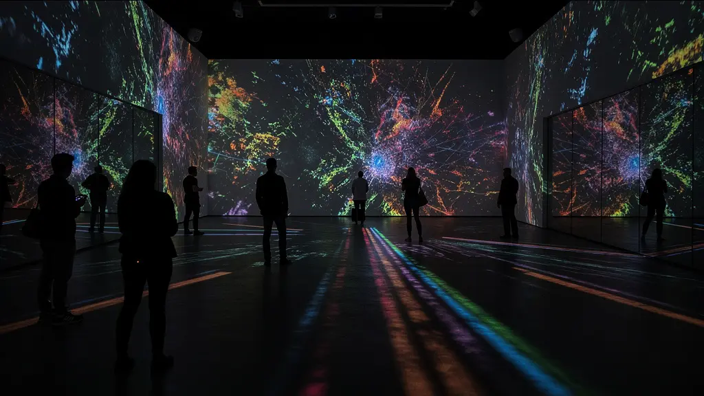 Wide shot of visitors experiencing an immersive light installation in a darkened gallery space