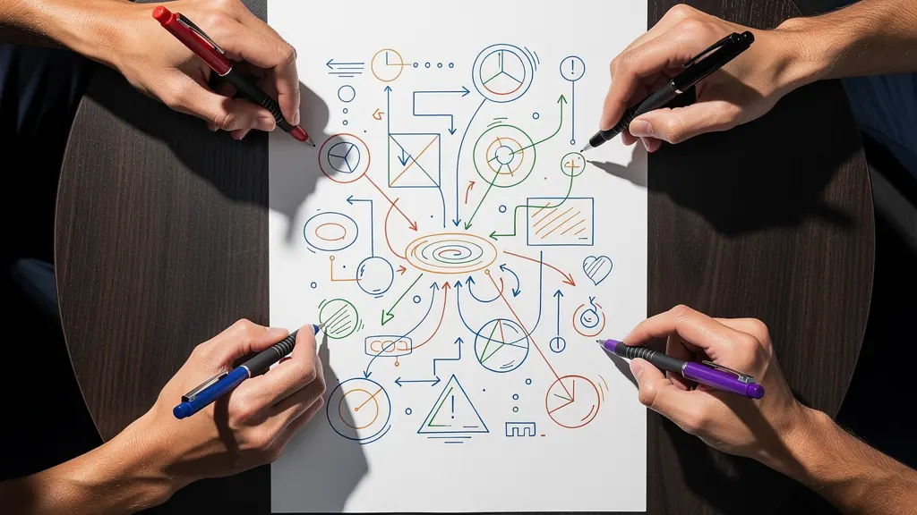 Team reviewing simplified one-page document with feedback notes and iteration markers