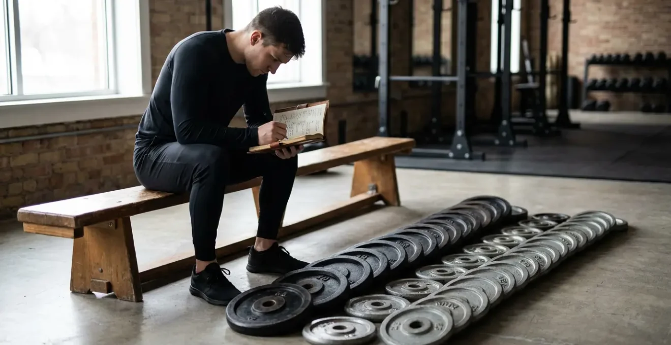 An athlete reviewing training data in a notebook with weight plates and gym equipment arranged thoughtfully in the background