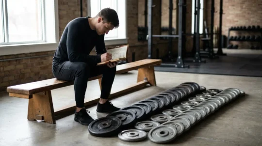 An athlete reviewing training data in a notebook with weight plates and gym equipment arranged thoughtfully in the background