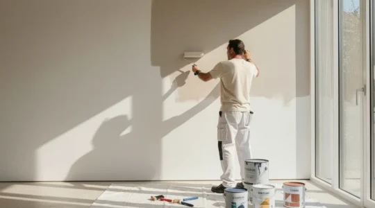 Professional editorial comparison of low VOC and standard paint in a modern home interior setting