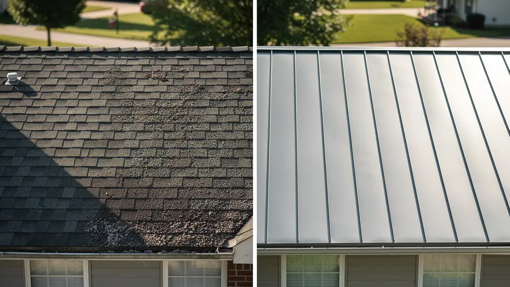 Split view comparison of a weathered asphalt roof on the left and a pristine standing seam metal roof on the right of a residential home