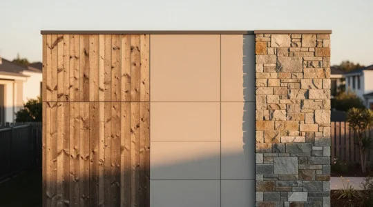 Contemporary home exterior featuring diverse modern cladding materials with architectural details