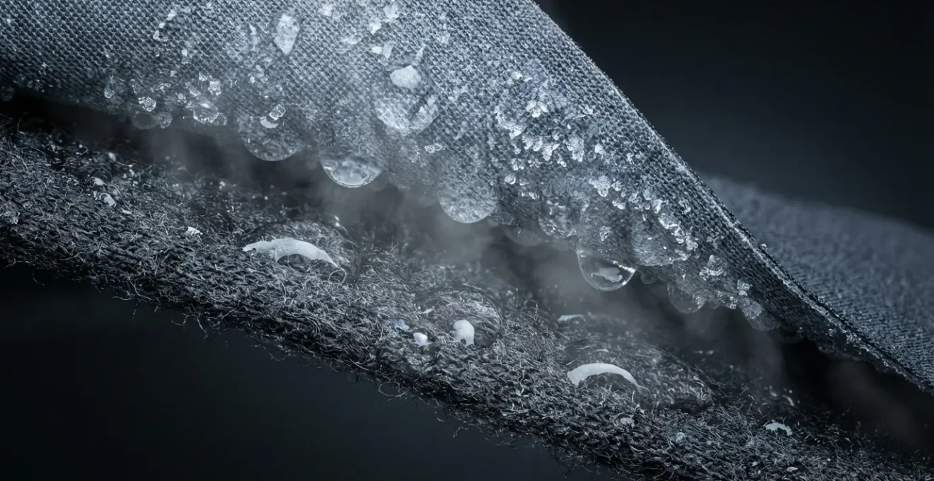 Cross-section view of technical layering system showing moisture buildup between base layer and shell jacket