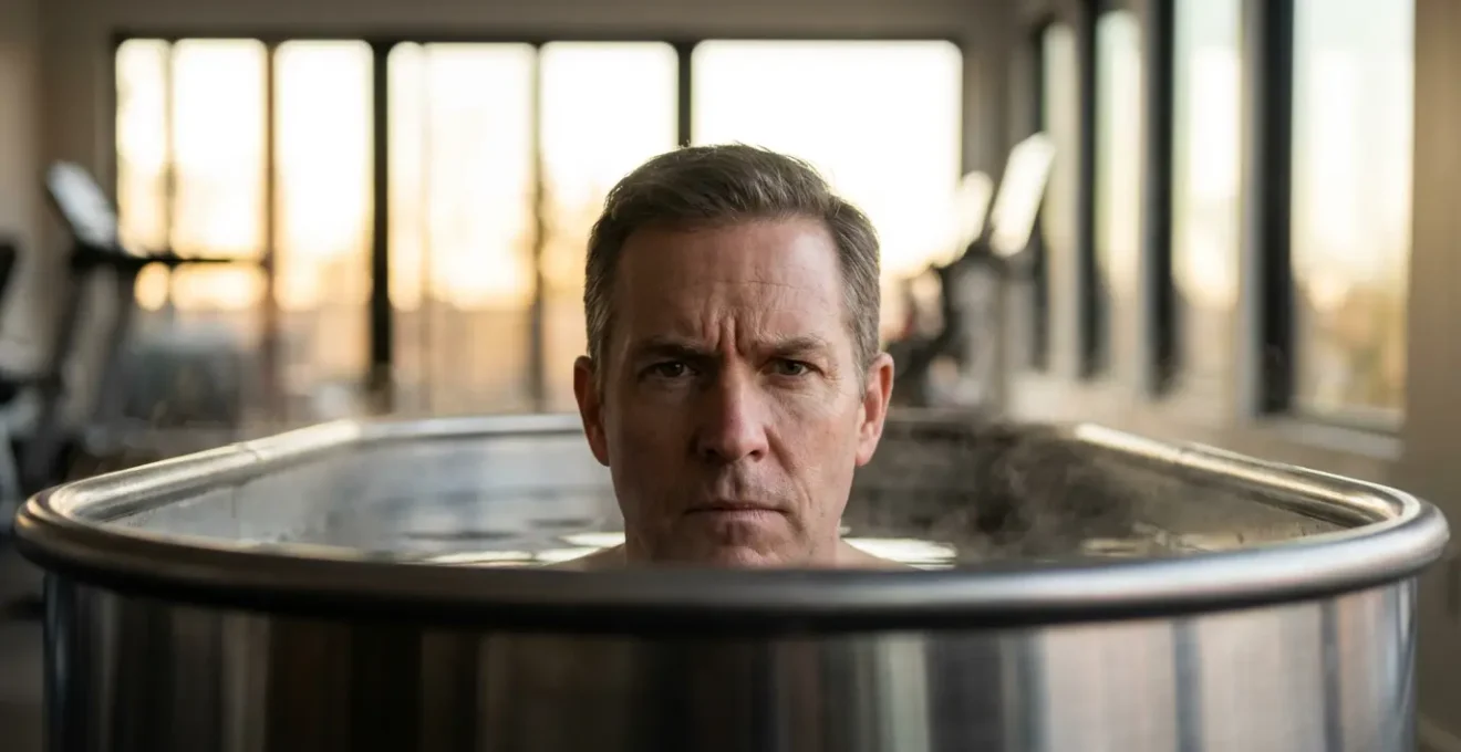 Executive preparing for cold plunge therapy in home wellness space