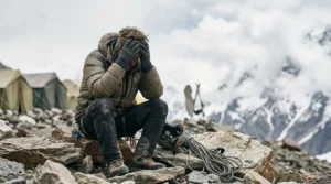 Exhausted climber at high-altitude camp dealing with acclimatization challenges
