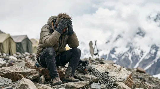Exhausted climber at high-altitude camp dealing with acclimatization challenges