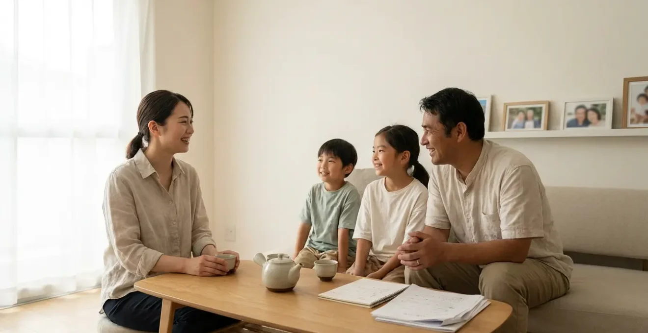 A professional and a local family engaging in a warm, friendly discussion around a coffee table, planning a homestay partnership.