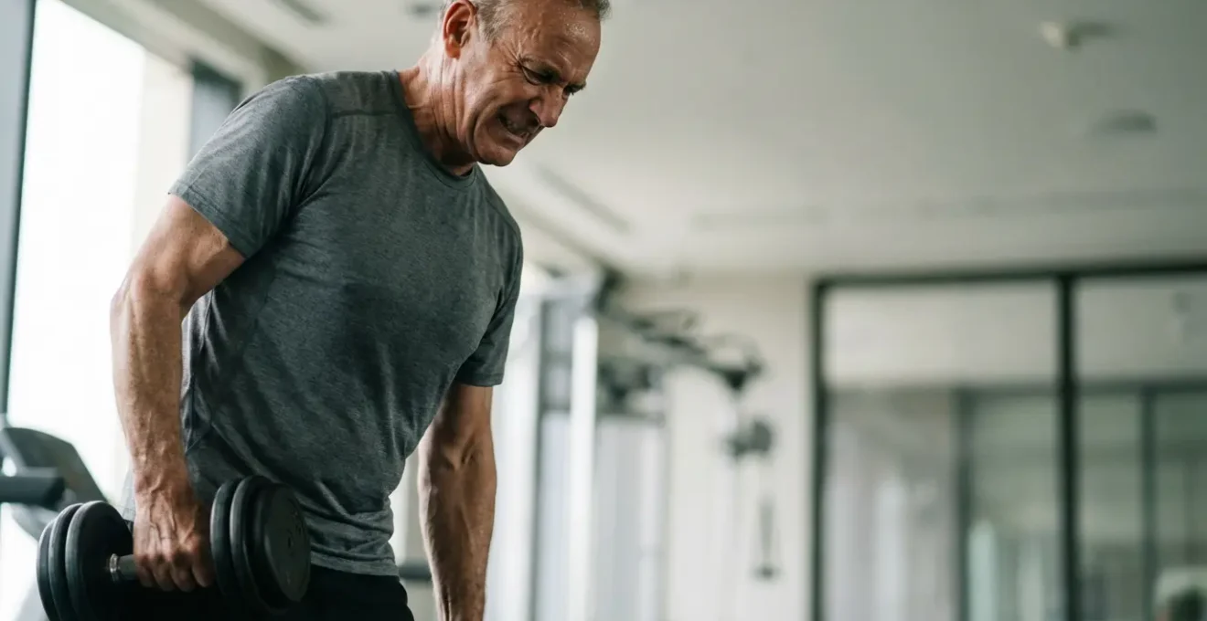 Older athlete demonstrating controlled eccentric movement with dumbbells in gym setting