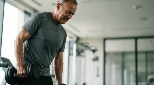 Older athlete demonstrating controlled eccentric movement with dumbbells in gym setting