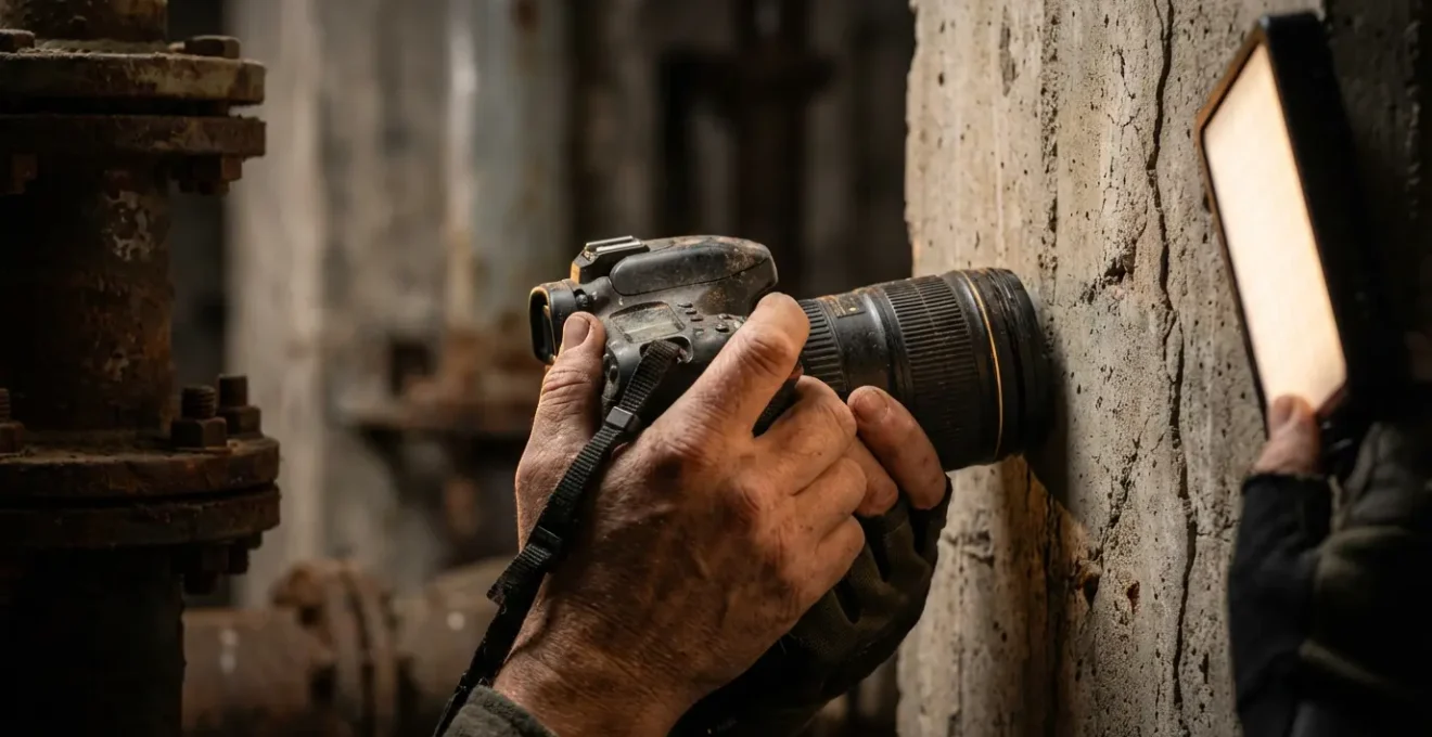 Photographer using handheld technique with LED light painting in abandoned bunker