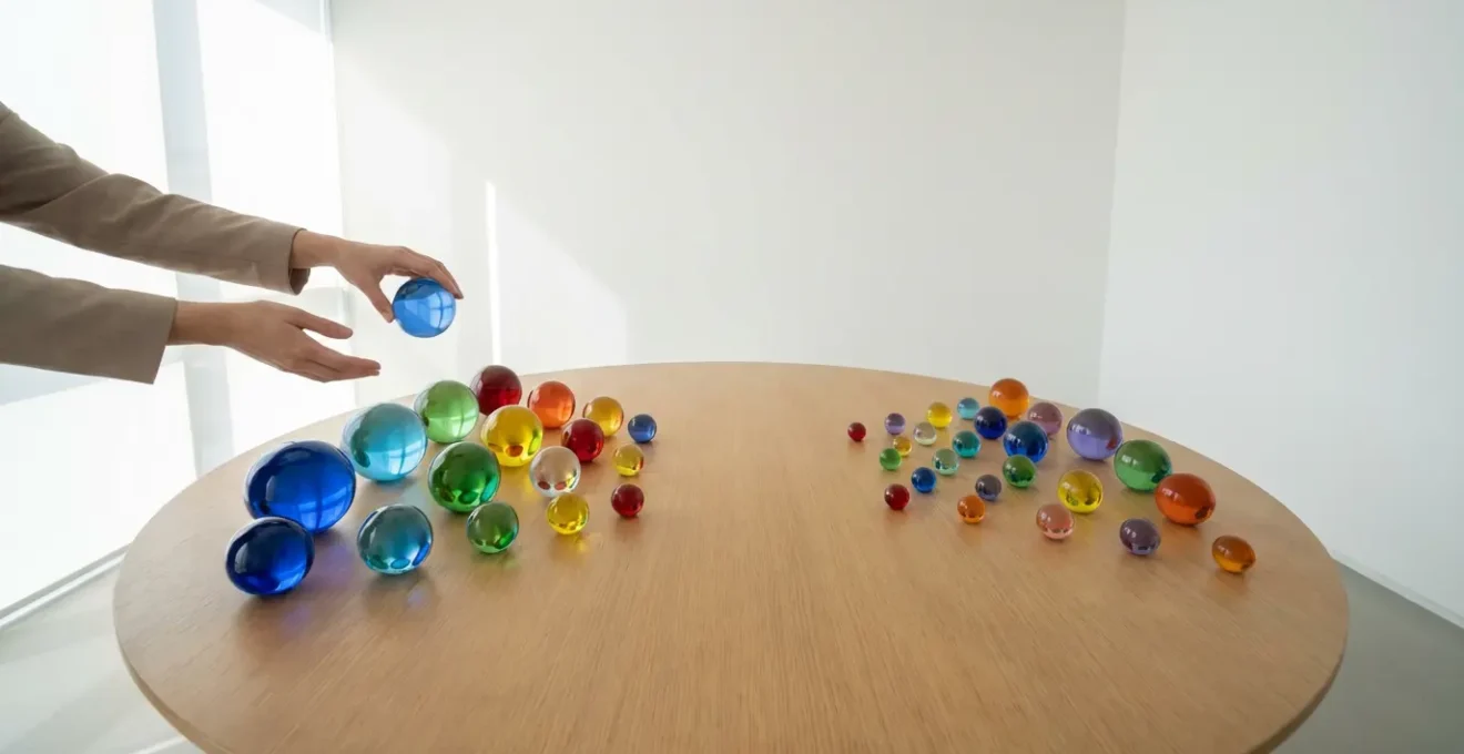 Wide shot of balanced portfolio weights transforming through a rebalancing process