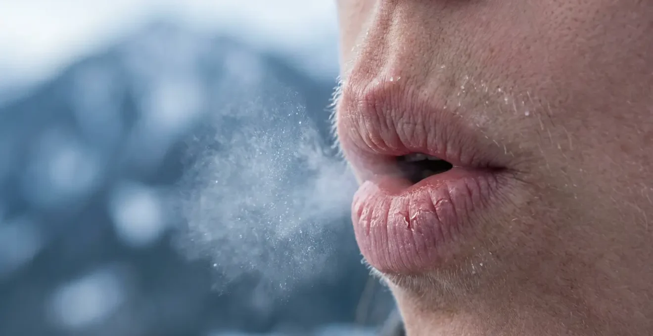 Close-up demonstration of pressure breathing technique at high altitude