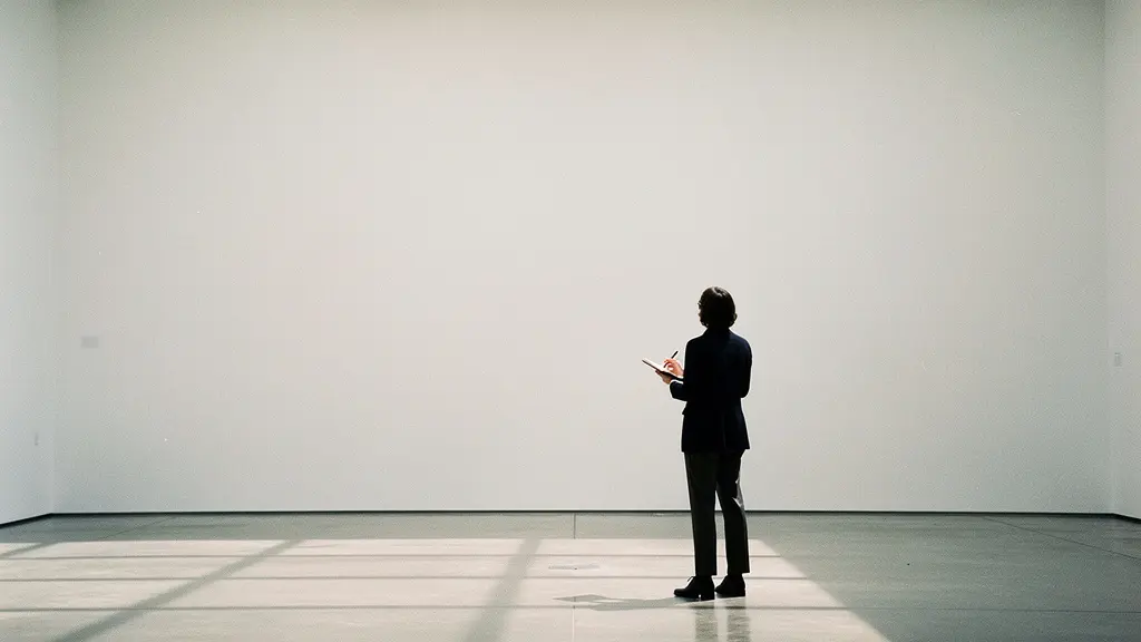Art critic examining contemporary artwork in gallery space with natural lighting