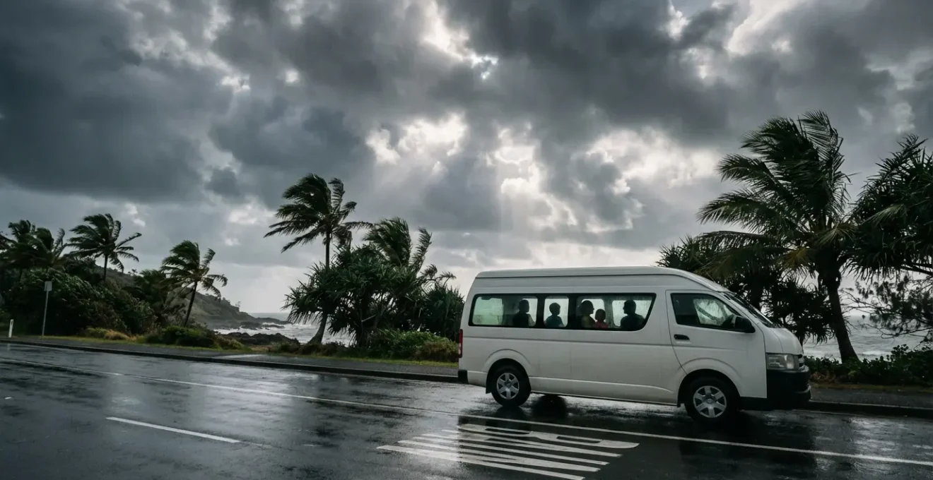 Family campervan navigating Queensland road during wet season with storm clouds