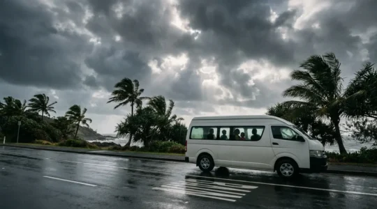 Family campervan navigating Queensland road during wet season with storm clouds