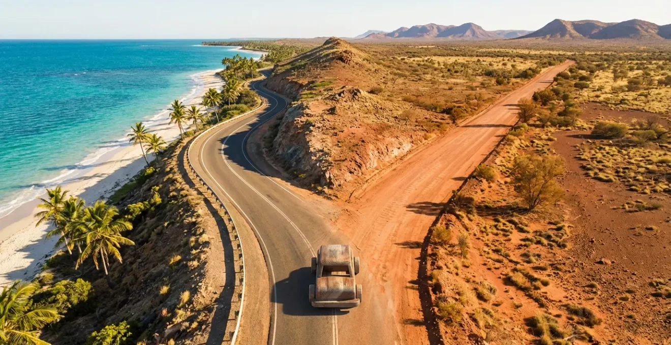 Split view showing coastal Bruce Highway and inland Outback Way landscapes