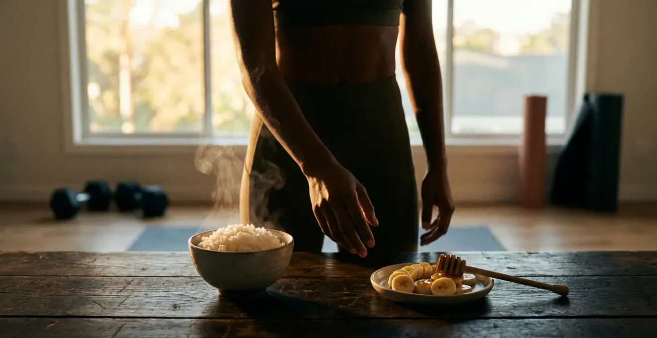 Athletic person at dusk with post-workout meal choice between simple and complex carbohydrates