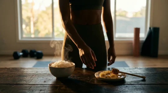 Athletic person at dusk with post-workout meal choice between simple and complex carbohydrates