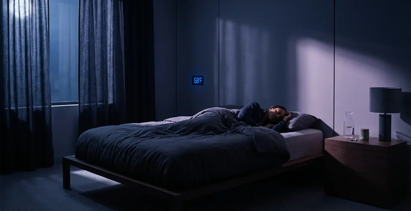 Elite athlete sleeping in minimalist bedroom with moonlight highlighting sleep cycle phases