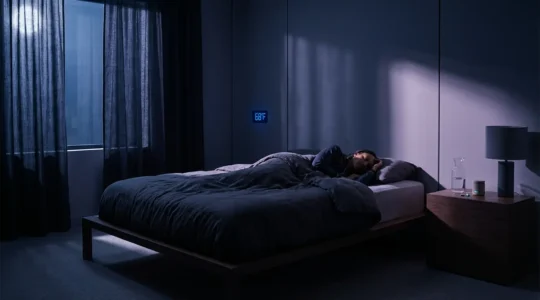 Elite athlete sleeping in minimalist bedroom with moonlight highlighting sleep cycle phases