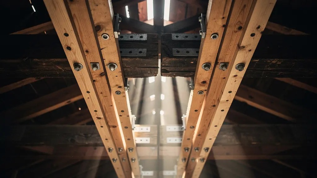 Parallel wooden joists showing sistering reinforcement method with new lumber bolted to old beams