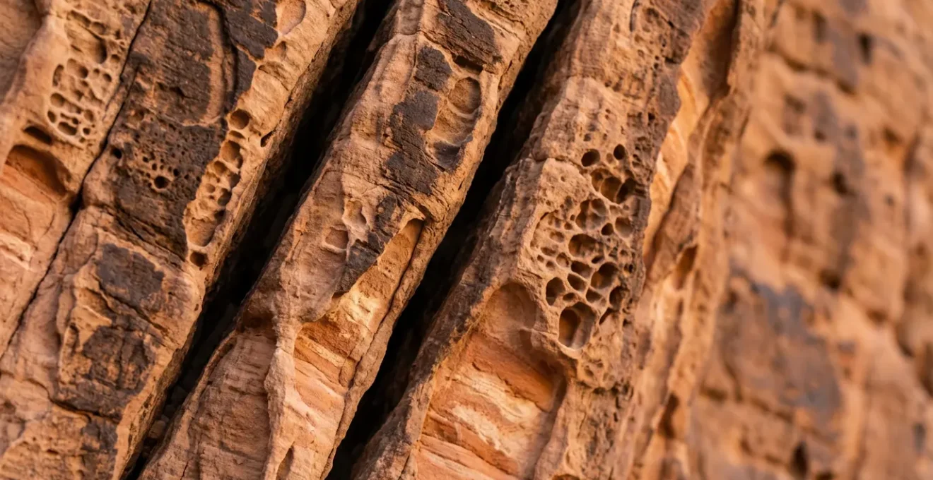 Close-up view of weathered sandstone cliff face showing natural cracks, honeycombs patterns and desert varnish streaks typical of Wadi Rum climbing routes
