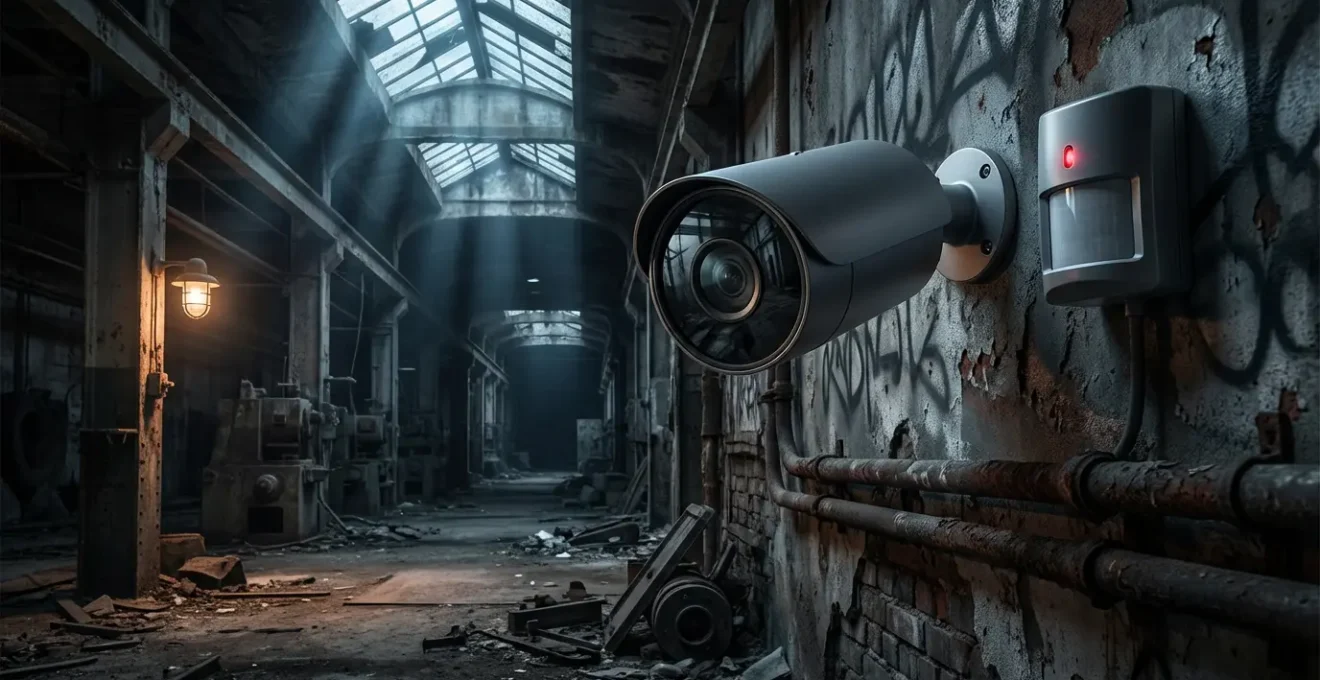 Modern surveillance equipment monitoring dark industrial corridor with infrared sensors